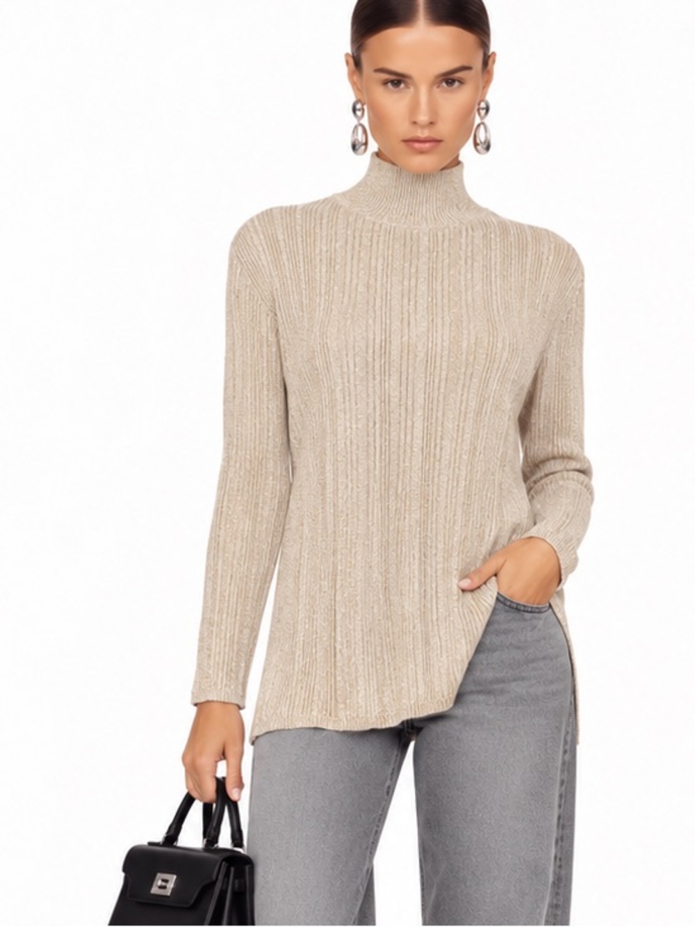 Sz Medium Large Laura Scott Women Sweater Turtleneck Beige Gold Shimmer Threads